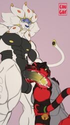 anthro azcein blowjob bodily_fluids cum cum_in_mouth cum_inside duo felid fellatio generation_7_pokemon genital_fluids hi_res incineroar legendary_pokemon lion male male/male mammal nintendo oral oral_penetration pantherine penetration pokemon pokemon_(species) solgaleo