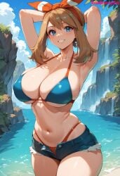 ai_generated beach big_breasts bikini bikini_bottom bikini_top blonde_hair blue_eyes bombacopta breasts cleavage female game_freak huge_breasts large_breasts may_(pokemon) ocean pokemon sideboob smile solo solo_female swimsuit swimwear