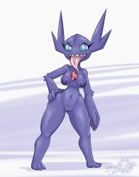 2020 anthro areola artist_name breasts digital_media_(artwork) english_text eyelashes female gem_eyes generation_3_pokemon genitals hand_on_hip hi_res latiar nintendo nipples nude number open_mouth pokemon pokemon_(species) purple_body pussy sableye sharp_teeth simple_background solo standing teeth text tongue tongue_out wide_hips