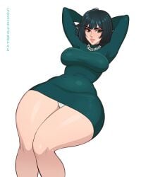 1girls bangs clothed curvy dress female fubuki_(one-punch_man) green_eyes green_hair hands_behind_head looking_at_viewer medium_hair necklace one-punch_man panties pantyshot shmoxi solo thick_thighs voluptuous white_background wide_hips