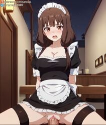 1boy 1girls ai_generated apron bangs black_dress blush breasts brown_eyes brown_hair cleavage clothed_sex clothing cowgirl_position dress enmaided female frills hair_over_shoulder headdress headwear human iino_miko indoors kaguya-sama_wa_kokurasetai_~tensai-tachi_no_renai_zunousen~ large_breasts legwear long_hair looking_at_viewer low_twintails maid maid_apron maid_headdress male medium_breasts night open_mouth penis puffy_short_sleeves puffy_sleeves ranwai sex shiny short_sleeves solo_focus spread_legs stable_diffusion straddling straight table thighhighs thighs tied_hair twintails uniform vagina vaginal_penetration white_apron window