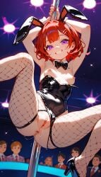 ai_generated anus armpits bunny_ears bunny_girl bunnysuit fishnet_pantyhose happy purple_eyes pussy pussy_juice red_hair short_hair small_breasts smaller_female striptease