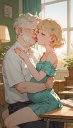 ai_generated blonde_hair elderly_male family french_kiss french_kissing green_eyes happy husband_and_wife kissing kissing old_man older_male short_hair small_breasts smaller_female wife wife_and_husband