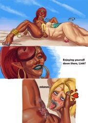 ahe_gao blonde_hair blue_eyes breath_of_the_wild dark-skinned_female dialogue dominant_female eating_pussy femboy green_eyes larger_female light-skinned_male link link_(breath_of_the_wild) penis precum red_hair running_mascara saliva saliva_on_pussy saliva_string saliva_trail smeared_lipstick smug_grin the_legend_of_zelda urbosa