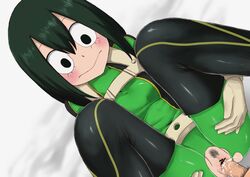 1boy 1boy1girl 1girls :> bar_censor beige_gloves black_eyes black_legwear blush bodysuit boots breasts censored clitoris closed_mouth cum cum_in_pussy cum_inside erection female gloves green_hair hair_between_eyes hero_outfit_(mha) leg_lift looking_at_another lying male_pubic_hair medium_breasts meronshiroppu missionary my_hero_academia on_back open_clothing penis pointless_censoring pubic_hair pussy ripped_clothing skin_tight solo_focus straight thighhighs torn_bodysuit torn_clothes tsuyu_asui vaginal_penetration