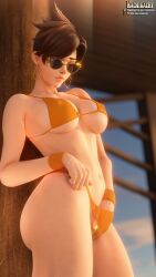 1girls 3d ass bikini bikini_bottom bikini_top blizzard_entertainment breasts cleavage earrings female female_focus female_only fingering_pussy fingering_self fingering_under_clothes fingering_under_panties fingers glasses kachigachi large_ass large_breasts leaning light-skinned_female light_skin looking_at_viewer masturbation midriff navel outside overwatch overwatch_2 solo solo_female solo_focus sunglasses tinted_eyewear tracer