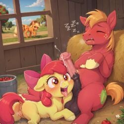 1boy 2girls age_difference ahe_gao ai_generated anus apple_bloom_(mlp) applejack_(mlp) being_watched big_macintosh_(mlp) big_penis brother_and_sister cub cum cum_in_mouth cum_on_face equine female feral heart-shaped_pupils horsecock incest male my_little_pony my_little_pony_friendship_is_magic penis pussy sleep_molestation sleeping steam steamy_pussy wet_pussy young