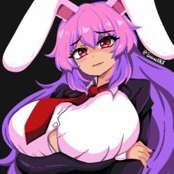 1girls artist_name big_breasts black_background boob_window breasts bunny_ears bunny_girl clothed_female female light-skinned_female long_hair pixel_art purple_hair red_eyes reisen_udongein_inaba seireiart solo solo_female style_parody takorin_style touhou watermark