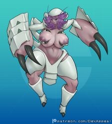 areola arthropod big_breasts breast_squish breasts claws dex_appeal eyelashes female generation_7_pokemon genitals golisopod hair hi_res huge_breasts humanoid insects lips monster_girl_(genre) navel nintendo nipples nude pokemon pokemon_(species) pokemorph purple_body purple_hair purple_lips purple_skin pussy pussy_peek simple_background solo squish thick_eyelashes thick_thighs wide_hips