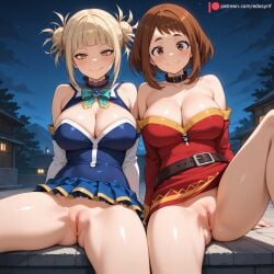 2026 2girls ai_generated aqua_(konosuba)_(cosplay) ass_visible_through_thighs bangs bare_shoulders belt big_breasts black_collar blonde_hair blue_skirt blush boku_no_hero_academia bottomless breasts brown_belt brown_eyes brown_hair building cleavage clitoral_hood clitoris closed_mouth collar collarbone cosplay detached_sleeves double_bun dress edosynf female female_only frilled_skirt frills hair_bun highres himiko_toga large_breasts leaning_back leg_lift leg_up light_blush looking_at_viewer medium_breasts medium_hair megumin_(cosplay) messy_hair multiple_girls my_hero_academia night night_sky ochako_uraraka outdoor_nudity outdoors presenting pussy red_dress self_upload shiny shiny_hair shiny_skin short_hair side-by-side sidelocks sitting skirt smile smirk spread_legs take_your_pick thighs toga_himiko uncensored uraraka_ochako vagina yellow_eyes yuri