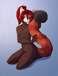 2017 anthro areola breasts clothing conditional_dnp female green_eyes hair jewelry kadath kadath_universe kneeling long_tail mammal necklace nipples nude pussy red_hair red_panda ruby_(kadath) solo