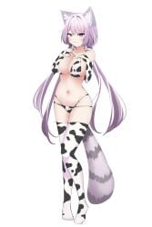 arm_length_gloves arsyky bare_midriff bare_shoulders bare_thighs big_breasts bikini bikini_bottom bikini_top breasts cow_print cow_print_bikini cow_print_gloves cow_print_thighhighs cowkini female female_only gloves gray_fur gray_hair grey_fur grey_hair hair_wraps hands_on_breasts hands_on_own_chest indie_virtual_youtuber kemonomimi legs_apart looking_at_viewer purple_eyes purple_fur raccoon_ears raccoon_girl raccoon_tail smile smiling_at_viewer stockings twintails two_tone_fur virtual_youtuber vtuber white_fur yozora_aoi