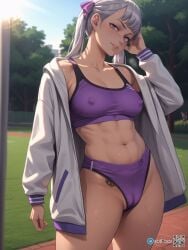 1girls abs ai_generated black_clover cameltoe gym gym_uniform hi_res looking_at_viewer medium_breasts muscular muscular_female nipples nipples_visible_through_clothing noelle_silva purple_eyes selfie showing_off silver_hair sports_bra sportswear sweat thick_thighs thighs tight_clothing toned toned_female twintails