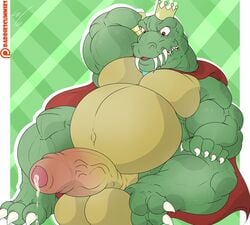 anthro balls barazoku belly big_balls bodily_fluids crocodile crocodilian crocodylid donkey_kong_(series) genital_fluids hi_res hyper incrediblecrocodile k_rool male male_only muscular nintendo pecs penis precum reptile scalie solo uncut video_games