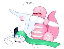 ass blush breasts cactuscacti duo english_text female generation_1_pokemon generation_5_pokemon legendary_pokemon licking lickitung meloetta nintendo nude pokemon pokemon_(species) simple_background stomach_bulge text tongue tongue_out