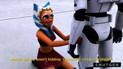 ahsoka_tano ai_generated clone_trooper clone_wars cock_worship hand_on_penis handjob holding_penis kneeling kneeling_oral_position on_model orange_skin praising smutgen star_wars subtitled togruta