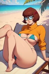 1girls ai_generated beach bikini bikini_bottom bikini_top breasts breasts_out brown_hair chair clothing female female_only glasses hotcartoonai human light-skinned_female light_skin looking_at_viewer mostly_nude ocean orange_shirt outdoors scooby-doo short_hair sitting solo solo_female velma_dinkley voluptuous voluptuous_female water