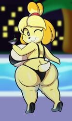 animal_crossing bikini canine city furry heels isabelle_(animal_crossing) martini night nighttime nintendo pool poolside someth1ngoranother winking