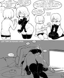 2boys backshots black_and_white dizzyspells embarrassed face_down_ass_up fat_ass femboy feminine_male gaming hips_up latex leotard long_sleeve_gloves mating_press spell spellcaster sweaty thigh_highs tv_screen yaoi