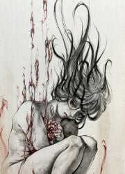 blood completely_nude expressionless female floating_hair grey_eyes grey_hair guro highres knees_up long_hair meimaro nude organs original painting_(medium) pale_skin solo traditional_media