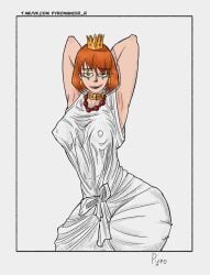 1girls female image_set looking_at_viewer nipples nipples_visible_through_clothing orange_hair pyromancer short_hair