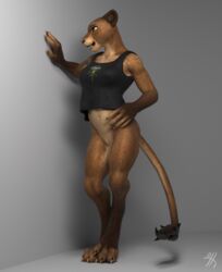 3d anthro athletic bottomless breasts brown_eyes brown_fur claws clothed clothing digitigrade feline female fur furry lion mammal pussy shirt tank_top thirteeenth