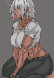 abs athletic_female big_breasts eyes_closed facial_markings muscular muscular_female question_mark sharp_teeth tongue_out white_hair zinga_(zokusuke) zksk0422 zokusuke