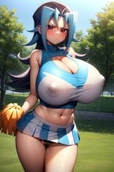 abdomen ai_generated angry bare_midriff blue_hair blush breast_expansion cheerleader cheerleader_uniform edit erect_nipples eroeroai female hi_res huge_breasts kamishiro_rio large_breasts leafs light-skinned_female light_skin long_hair mature mature_body muscular_female navel nervous no_bra panties pussy_juice red_eyes rio_kamishiro short_skirt solo thick_legs thick_thighs underwear visible_nipples voluptuous voluptuous_female wide_hips yu-gi-oh! yu-gi-oh!_zexal