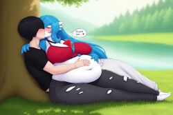 1boy 1boy1girl 1girls ai_generated anthro bbw belly_button belly_fat black_hair black_pants black_shirt blue_hair blush breasts closed_eyes crop_top day denim denim_jeans fat female gardevoir generation_3_pokemon grass grass_field grey_pants heart human humanoid jeans kissing large_breasts male nastehbech navel necklace pants pokemon pokemon_(species) river shiny_gardevoir shiny_pokemon sitting sitting_under_tree sleeping smile smiling tearing_up tears tiavoir_(nastehbech) tree wholesome