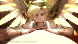 3d alternate_costume animated blender blonde_hair blue_eyes erection fellatio female its-gergless looking_at_viewer male mercy oral overwatch penis pov sound source_filmmaker straight video winged_victory_mercy