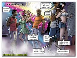 2girls african_adventures black_hair blonde_female blonde_hair blonde_hair_female cleavage dancing dark-skinned_male dark_skin dress english_text interracial interracial-comics multiple_girls nightclub shorts text