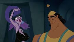 1boy 1girls bedaxe big_breasts breasts cleavage clothing disney disney_villains edit female kronk male peruvian_male screenshot screenshot_edit the_emperor's_new_groove yzma