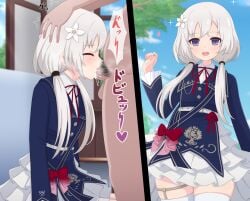 1boy :d ^^^ arm_at_side assault_lily belt belt_buckle blue_eyes blue_jacket blue_sky blush bow buckle buttons censored closed_eyes clothed_female_nude_male clothed_sex cloud collared_shirt commentary_request couch cowboy_shot cum cum_in_mouth cum_overflow day erection falling_petals fellatio female flower frilled_skirt frilled_sleeves frills from_side grey_hair hair_flower hair_ornament hand_up hands_on_another's_head haniwa_(kiminozorazio) heart heavy_breathing high_belt highres indoors irrumatio jacket layered_skirt long_hair long_sleeves looking_at_viewer low_twintails male_pubic_hair miniskirt motion_lines multiple_views neck_ribbon nude official_alternate_costume on_couch open_mouth oral outdoors penis petals pink_flower profile pubic_hair raised_eyebrows red_bow red_ribbon ribbon saliva saliva_on_penis shiozaki_suzume shirt sitting skirt sky smile solo_focus sparkle speech_bubble speed_lines spoken_heart standing straight sweat teeth testicles thigh_strap thighhighs translation_request tree twintails upper_teeth_only white_belt white_flower white_shirt white_skirt white_thighhighs wide_sleeves zettai_ryouiki