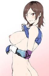 ass blue_bra blush bra bra_lift breasts brown_eyes brown_hair butt_crack female fingerless_gloves gloves gradient gradient_background grin highres kazama_asuka large_breasts lifted_by_self looking_at_viewer nipples no_panties one_eye_closed short_hair smile solo sports_bra sweat tekken tetsuo_(tetuo1129) underwear