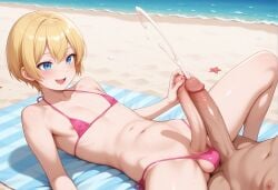 1boy 1femboy 2025 2boys ai_generated alona_chemerys alternate_version_available beach bikini bikini_bottom bikini_top blonde_hair blue_eyes blush crossdressing cum cumming cumming_together cumshot erect_penis erection femboy feminine_male frottage girly male outdoors outside penis penis_rubbing penis_rubbing_against_penis pink_bikini pink_bikini_bottom pink_bikini_top sunny trap yaoi