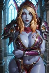 ai_generated big_breasts bikini bikini_armor blizzard_entertainment blonde_hair blue_skin breast_squeeze breasts female hood horde_domination horde_tattoo looking_at_viewer sylvanas_windrunner world_of_warcraft