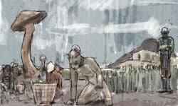2022 anthro basket building cloud collar colored container detailed_background felid flaccid fungus genitals group hair humanoid jeri_kleinlowe khajiit kneeling male mammal microsoft mushroom nude nude_anthro nude_male outside overcast penis sky slave the_elder_scrolls