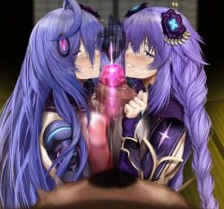 1boy 2girls absurd_res big_breasts big_penis blue_eyes censored clothed_female foreskin foreskin_pull goddess highres huge_cock ill_(0022) iris_heart looking_at_viewer neptune_(neptunia) neptunia_(series) nude_male paizuri penis pink_eyes plutia pov pubic_hair purple_hair purple_heart_(neptunia) sex_toy smile sounding stray_pubic_hair urethral urethral_insertion
