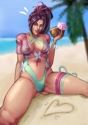 1girls asian bikini biting_lip breasts coconut dahaen_gg dark_hair female legs marvel marvel_comics marvel_rivals medium_breasts psylocke psylocke_(breezy_butterfly) psylocke_(marvel_rivals) smile swimsuit