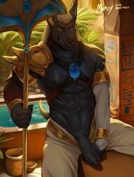2025 5_fingers abs absurd_res anthro anubian_jackal areola arm_markings armband armor armwear arthropod bathtub bedroom_eyes biceps black_body black_fur black_nipples black_nose black_penis black_skin blue_eyes bottomwear bracelet candy canid canine canis clothed clothed_anthro clothed_male clothing clothing_pull colored crystal dessert digital_drawing_(artwork) digital_media_(artwork) ear_accessory ear_clip ear_piercing egyptian external_wall eyebrows eyeliner eyeshadow fangs fingers food foreskin fur gem genitals glans gold_(metal) gold_armor gold_body gold_jewelry golden_markings grin gum half-closed_eyes half-erect harness headdress hi_res hieroglyphics high-angle_view holding_object holding_staff holding_weapon humanoid_genitalia humanoid_penis inside jackal jewelry lips lit_from_behind looking_at_viewer lyra_(whitecoal) makeup male mammal markings murizy muscular muscular_anthro muscular_male narrowed_eyebrows narrowed_eyes navel nipple_chain nipple_piercing nipple_ring nipples outside palm_tree pants pauldron pecs penis piercing plant pose presenting presenting_penis pulling_pants rim_light ring_piercing rock sand seductive shaded shoulder_guards shoulder_markings smile smiling_at_viewer smirk smirking_at_viewer solo staff standing tail teal_eyes teeth tree vase vein wall_(structure) water watermark weapon white_clothing white_sclera yellow_markings