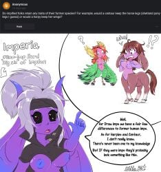 absurd_res avian black_sclera centaur demon dialogue equid equid_taur european_mythology feathers female greek_mythology hair harpy hi_res horn horned_humanoid humanoid humanoid_taur imp mammal mammal_taur mythological_avian mythological_creature mythology pink_body pink_skin purple_body purple_skin red_hair sharp_teeth short_stack tail taur teeth