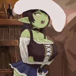 1boy 1girl black_choker black_hair blush breasts choker cleavage commentary crossed_arms female_goblin goblin hetero jordan_reine large_breasts long_hair original penis penis_on_head pointy_ears shortstack twintails yellow_eyes