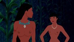 2girls accurate_art_style breasts dark-skinned_female dark_skin disney disney_princess edit female female_only medium_breasts multiple_girls nakoma native_american nipples nude pocahontas pocahontas_(character) screenshot screenshot_edit small_breasts