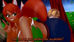1boy 1girls 3d :3 barely_clothed bending_over brackets_guy cleavage cute dark_skin dialogue english_dialogue english_text female fox fox_ears fox_girl fox_tail green_eyes jeans leaning_forward long_hair male nature outside red_hair size_difference smile smothering tank_top terraria text thick_thighs wide_hips zoologist_(terraria)