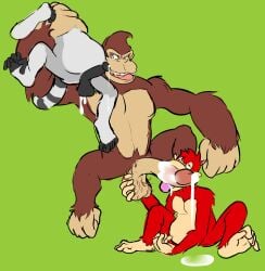 animal_genitalia animal_genitalia_on_humanoid anthro ape ass_to_mouth bodily_fluids body_hair body_worship chimpanzee cum cum_inside donkey_kong_(character) donkey_kong_(series) genital_fluids genital_worship genitals gorilla group haplorhine happy_trail hi_res humanoid humanoid_genitalia inflation kinkykeroro lemur licking_teeth male male/male mammal monkey_feet nintendo pan_(genus) penile penis penis_worship prehensile_feet primate strepsirrhine trio