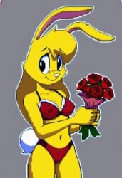 ai_generated female female_only furry holding_flower jazz_jackrabbit_(series) lori_jackrabbit pixel_art red_bikini red_flower red_rose rose self_upload