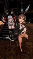 2girls black_sleeves breasts brown_hair bunny_ears bunnysuit female high_heels lily_artemis_ii looking_at_viewer multiple_girls nipple_piercing peace_sign reverse_bunnysuit reverse_outfit scarlet_(nikke) silver_hair_female stellar_blade stellarboi stockings
