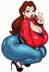ai_generated ass booty breasts cleavage crouching gigantic_ass gigantic_breasts hips huge_breasts jeans lipstick lollipop lubbasdump mario_(series) nintendo pauline peace_sign squatting super_mario_bros. thick_thighs thighs wide_hips wink winking