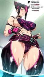 1girls abs ai_generated aqua_nails areola_slip ass_visible_through_thighs bare_shoulders belt black_hair blush bracelet breasts cameltoe capcom chaps chinese_clothes collar covered_nipples crotch diagonal_bangs dudou fingerless_gloves from_below gloves hair_bun hair_horns jewelry juri_han juri_han large_breasts lips looking_at_viewer lovehent makeup multicolored_hair nail_polish navel panties partially_submerged partially_underwater_shot patreon_username pink_hair pink_lips purple_eyes purple_hair purple_panties revealing_clothes sideboob skirt solo spiked_bracelet spiked_choker spiked_collar spikes standing streaked_hair street_fighter street_fighter_6 thick_thighs thighs toned two-tone_hair underwear wading water