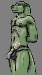 2022 anthro bodily_fluids clothing cobra colored cum cum_on_another disembodied_penis ejaculation genital_fluids genitals green_body grey_background hands_behind_back jeri_kleinlowe male navel nipples penis questionable_consent reptile scalie simple_background snake solo thong underwear